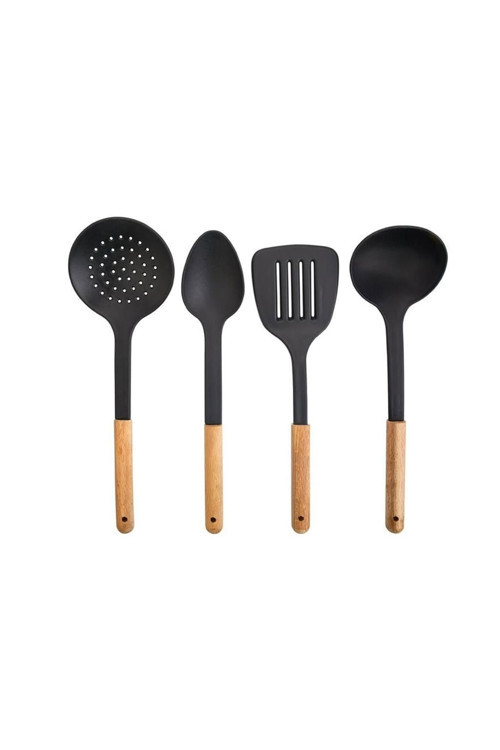 4Lü Ahşap Saplı Plastik Kepçe Kevgir Kaşık Spatula Siyah Servis Seti