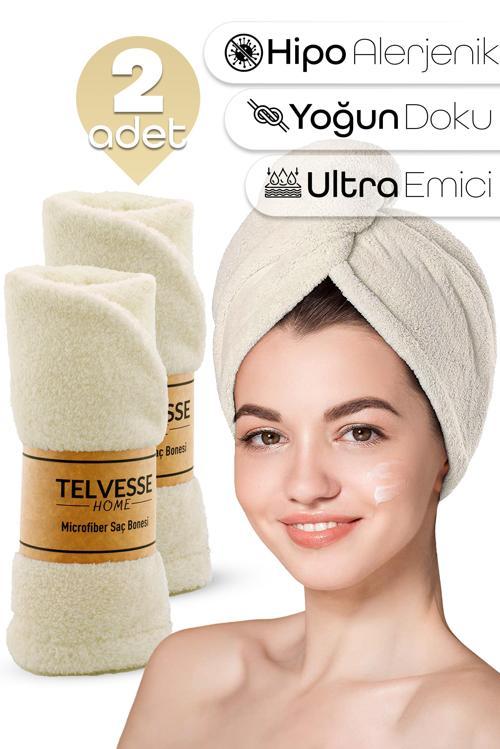 2 Adet Mikrofiber Saç Havlusu Lastikli Plaj Deniz Havuz Bonesi Banyo Saç Kurutma Baş Havlusu Krem