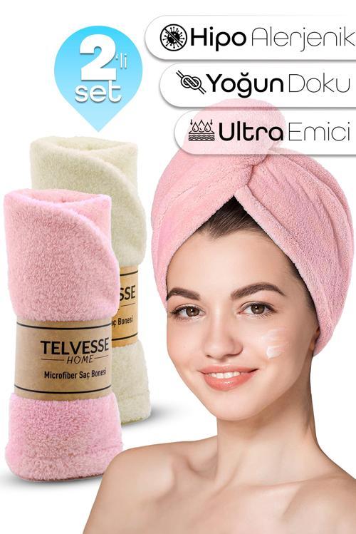 2li Set Mikrofiber Saç Havlusu Plaj Deniz Havuz Bonesi Banyo Saç Kurutma Baş Havlusu Krem-Pembe