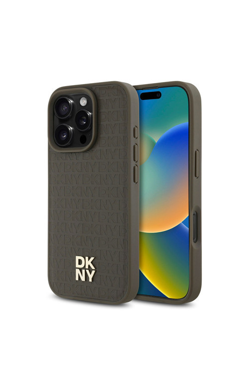 İphone 16 Pro Max Kılıf Lisanslı Magsafe Özellikli 3D Yazılı Repeat Pattern Kahverengi
