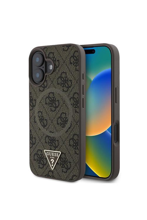 İphone 16 Uyumlu Kılıf Lisanslı Magsafe Şarj Özellikli Pu Üçgen Logo 4G Desenli Kapak Kahverengi