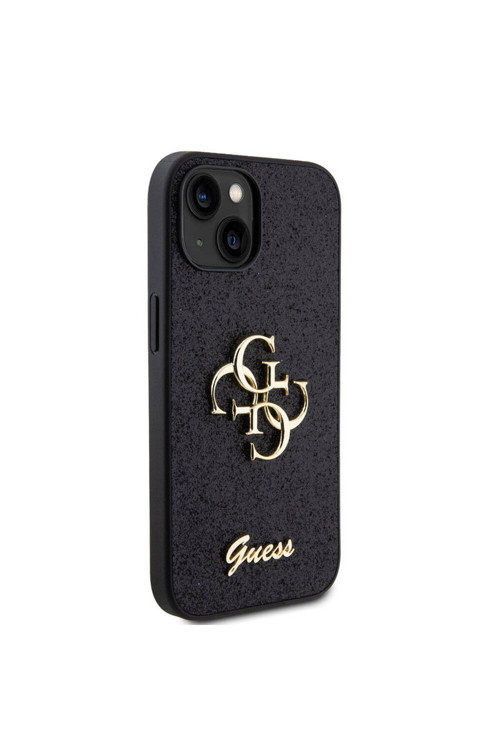 İphone 15 Plus Uyumlu Kılıf Lisanslı 4G Büyük Metal Logolu Glitter Kapak Siyah