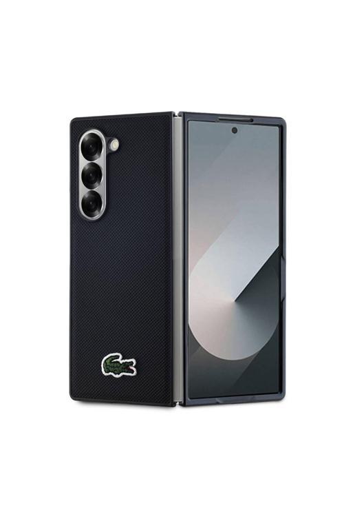 Galaxy Z Fold 6 Uyumlu Kılıf Lisanslı Pu Pike Desenli İkonik Timsah Dokuma Logolu Siyah