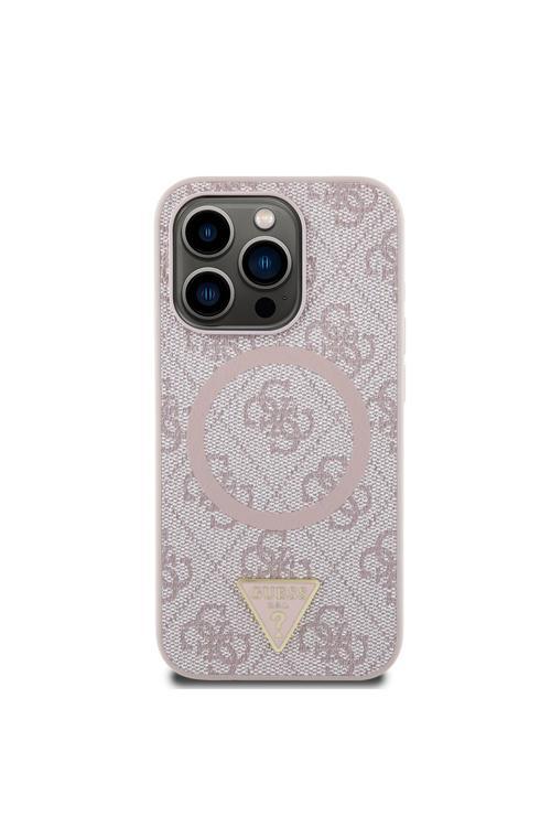 16 Pro Max  Uyumlu Kılıf Şarj Özellikli Pu Üçgen Logo 4G Desenli Kapak Pembe