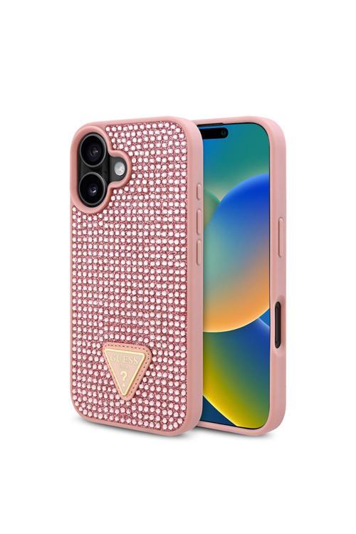 İphone 16 Plus Uyumlu Kılıf Lisanslı Üçgen Logolu Taşlı Kapak Pembe