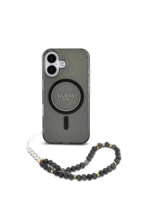 İphone 16 Plus Uyumlu Kılıf Lisans Magsafe Özellik Simli Silikon İnci Bileklikli Siyah
