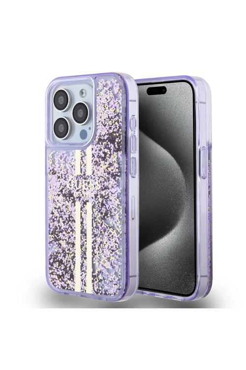 İphone 15 Pro Uyumlu Kılıf Transparan Sıvılı Simli Altın Çizgili Kapak Mor