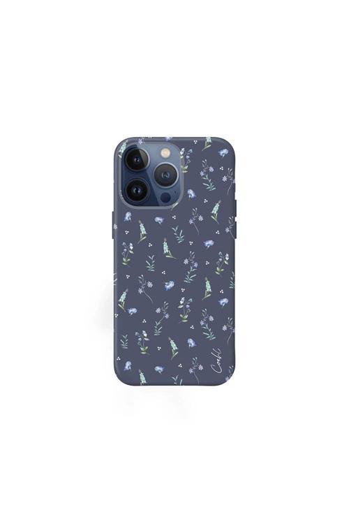 İphone 15 Pro Uyumlu Kılıf Mini Çayır Çiçekleri Desenli Prairie Kılıf Lacivert
