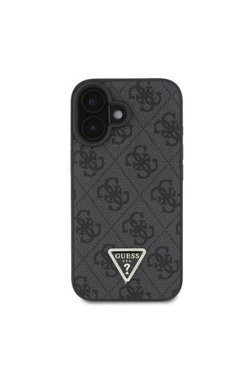 İphone 16 Uyumlu Kılıf Lisanslı Pu Deri Taşlı Üçgen Logo 4G Desenli Strass Kapak Siyah