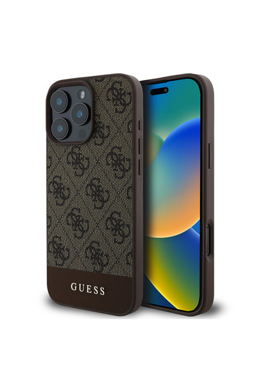 İphone 16 Pro Kılıf Lisanslı Pu Deri Şerit Logo Dizaynlı Kapak Kahverengi