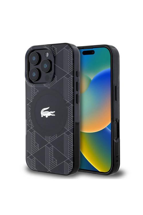 İphone 16 Pro Max Kılıf Lisanslı Magsafe Özellik Iml Baskı Timsah Logolu Monogram Siyah