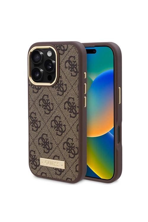 İphone 16 Pro Uyumlu Kılıf Lisanslı Özellikli 4G Desen Pu Metal Plaka Klasik Logo Kahverengi