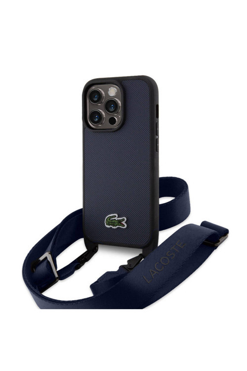 İphone 15 Pro Kılıf Lisanslı Pu Pike Desen Askılı İkonik Timsah Dokuma Logo Lacivert