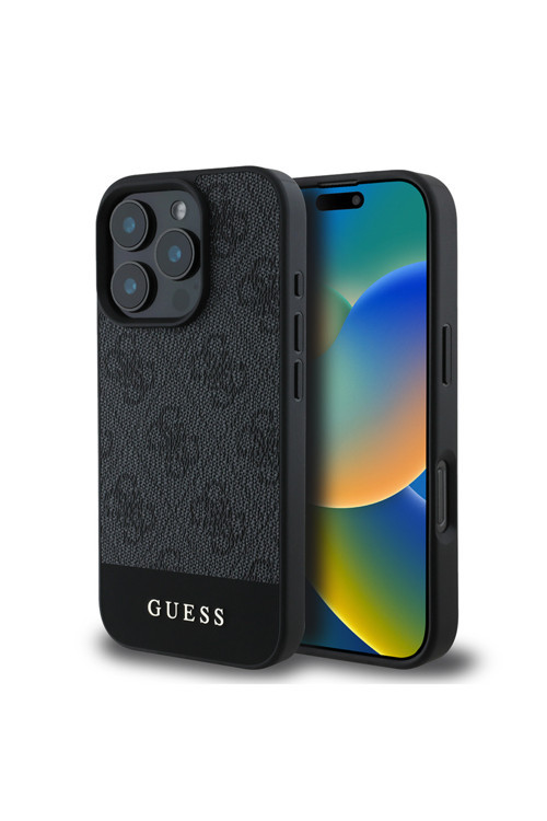 İphone 16 Pro Uyumlu Kılıf Lisanslı Pu Deri Şerit Logo Dizaynlı Kapak Gri
