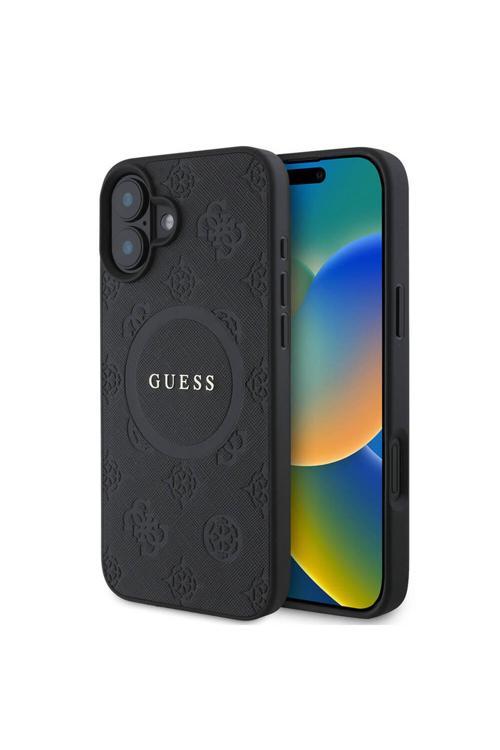 İphone 16 Uyumlu  Kılıf Guess  Lisanslı Magsafe Şarj Özellikli Yazı Logolu Saffiano Peony Siyah