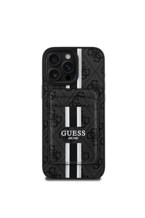 İphone 15 Pro Max Kılıf Guess Lisanslı Magsafe Özellikli 4G Desenli Çizgili Kartlıklı Kapak Siyah