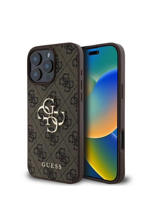 İphone 16 Pro Max Kılıf Lisanslı Pu Deri 4G Desenli Metal Büyük 4G Ve Yazı Logolu Kahverengi