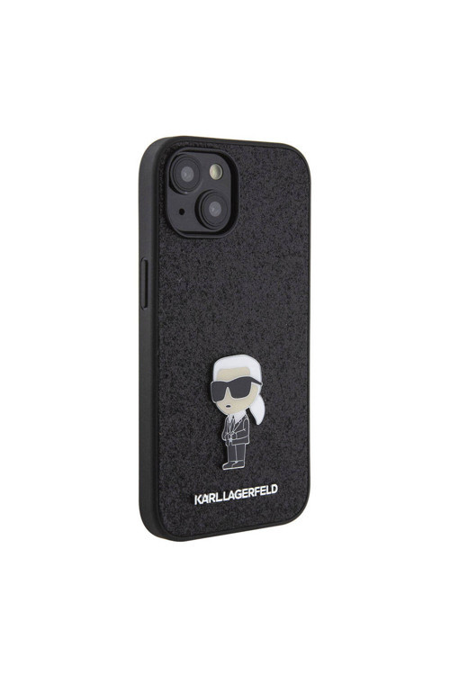 İphone 15 Plus Uyumlu Kılıf İkonik Fixed Glitter Metal Logo Lisanslı Siyah