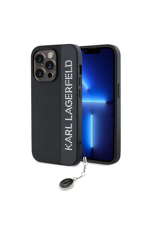 İphone 14 Pro Max Kılıf Lisanslı Anahtarlıklı Taşlı Saffiano Rhinestones Siyah