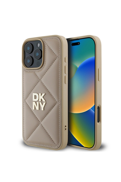 İphone 16 Pro Max Uyumlu Kılıf Lisanslı Kapitone Tasarımlı Metal Logolu Deri Kapak Bej