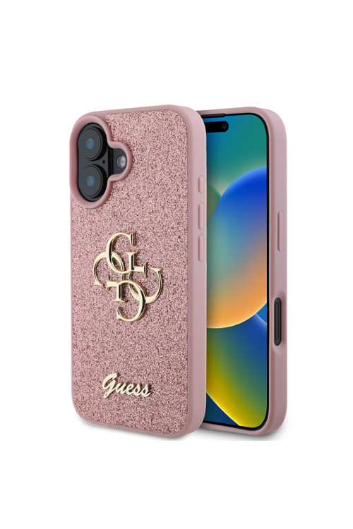 İphone 16 Uyumlu Kılıf Lisanslı 4G Büyük Metal Logolu Glitter Kapak Pembe