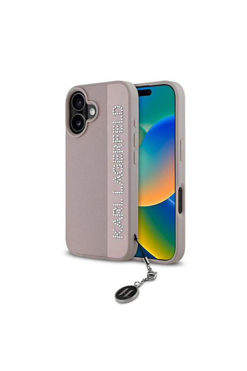 İphone 16 Kılıf Lisanslı Anahtarlık Taşlı Kl Yazılı Saffiano Rhinestone Pembe