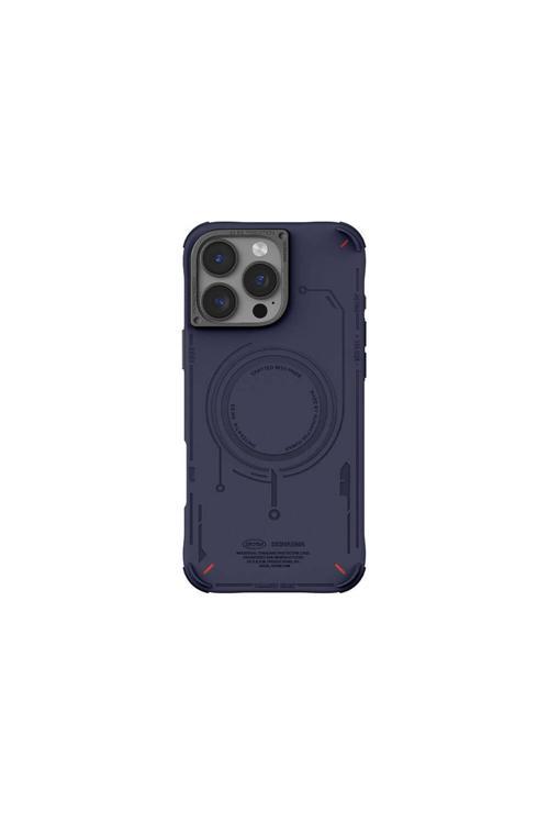 İphone 16 Pro Uyumlu Kılıf Magsafe Şarj Özellikli Metal Kamera Çerçeveli Mecha Serisi Mavi