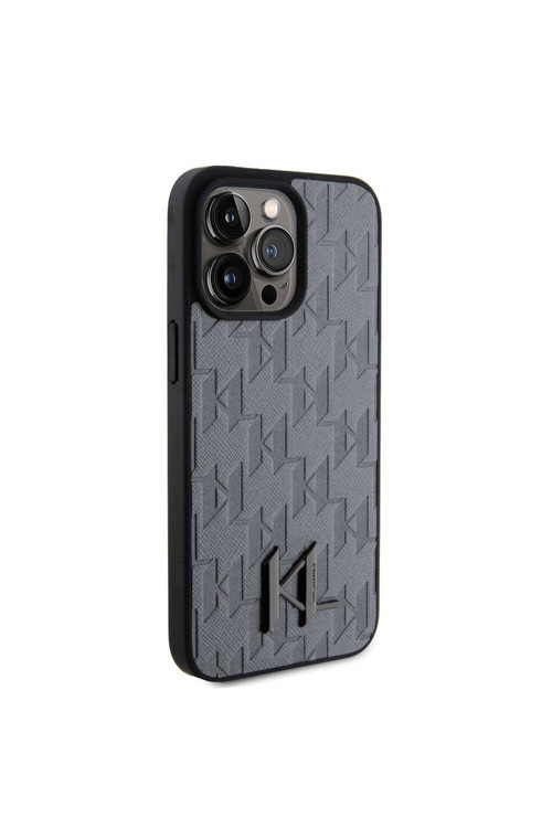 İphone 15 Pro Uyumlu Kılıf Hot Stamp K&L Metal Logo Lisanslı Kapak Gri