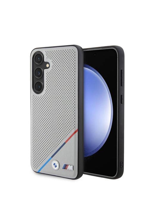 Galaxy S24 Uyumlu Kılıf Lisanslı Magsafe Özellikli M Logolu Üç Çizgili Delikli Deri Kapak Gri