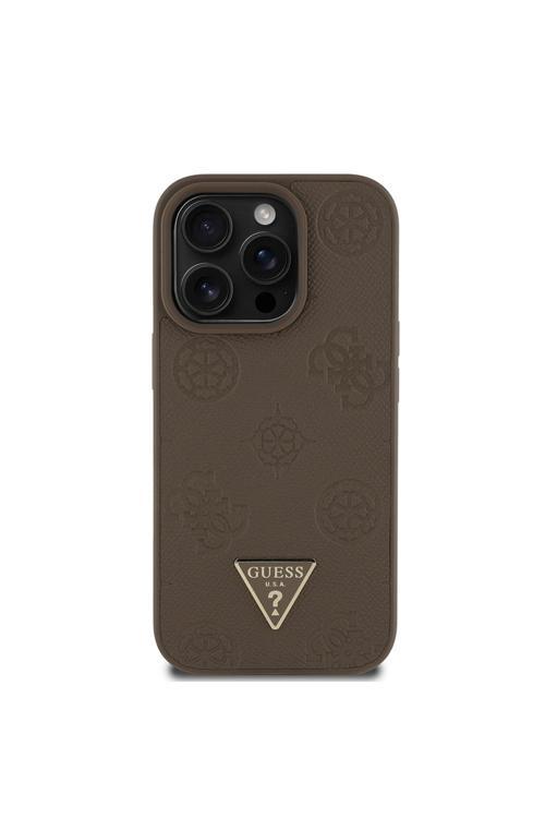 İphone 14 Pro Max Uyumlu Kılıf Lisanslı Özellikli Üçgen Logolu Pu Deri Peony Kapak Kahverengi
