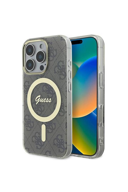 İphone 16 Pro Uyumlu Kılıf Lisanslı Magsafe Özellik Yazı Logolu 4G Desenli Kahverengi