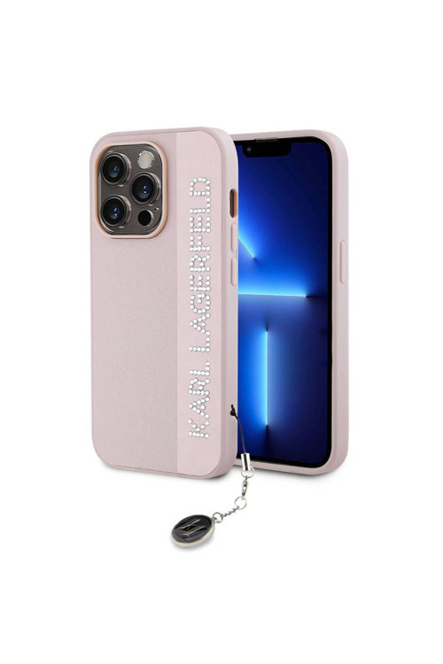 İphone 14 Pro Max Kılıf Lisanslı Anahtarlıklı Taşlı Saffiano Rhinestones Pembe