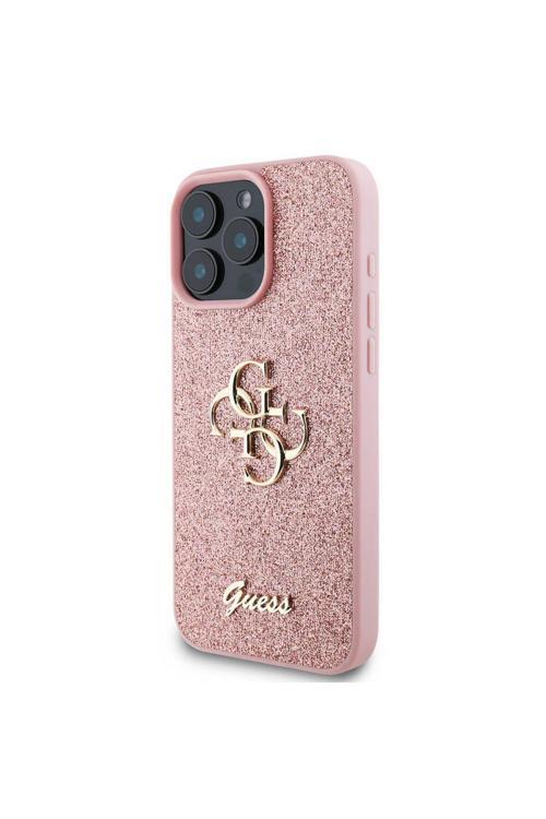 İphone 16 Pro Max Uyumlu Kılıf Lisanslı 4G Büyük Metal Logolu Glitter Kapak Pembe