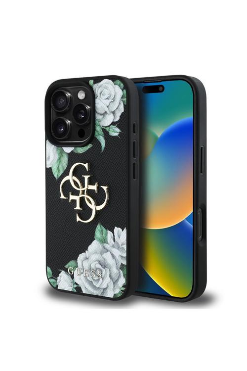 İphone 16 Pro Uyumlu Kılıf Lisanslı Beyaz Gül Baskılı Büyük 4G Metal Logolu Kapak Siyah