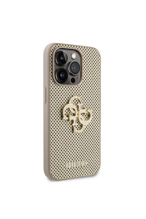 İphone 15 Pro Uyumlu Kılıf Lisanslı Delikli Yazı Ve 4G Glitter Büyük Metal Logo Gold
