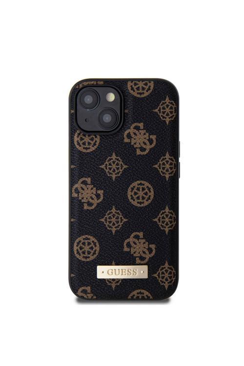 İphone 15 Uyumlu Kılıf Magsafe Şarj Özellikli Pu Deri Desenli Metal Plaka Logolu Kapak Siyah