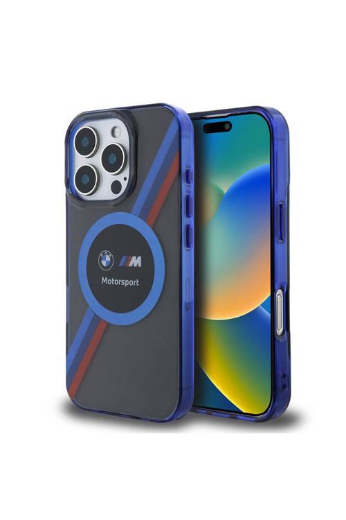 İphone 16 Pro Max Kılıf Lisanslı Magsafe Özellikli M Logo Üç Renk Çizgi Motorsport Siyah Uyumlu