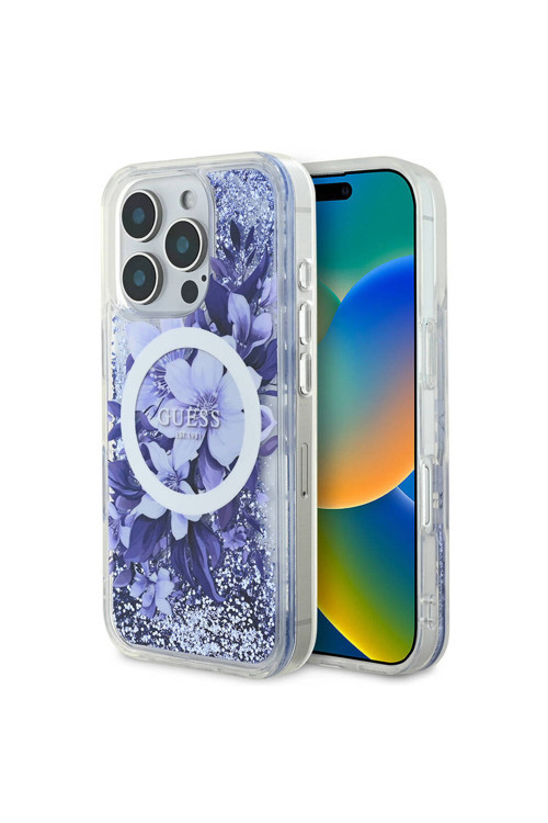 İphone 16 Pro Uyumlu Kılıf Lisanslı Magsafe Özellikli Sıvılı Simli Çiçek Desenli Mor
