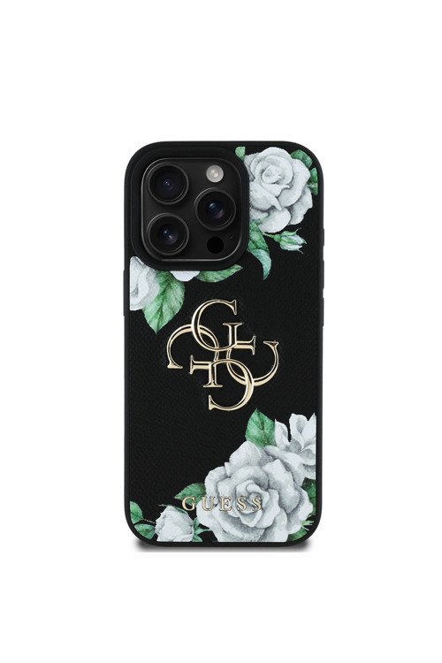 İphone 15 Pro Max Uyumlu Kılıf Lisanslı Gül Baskılı Büyük Metal Logo Dizaynlı Kapak Siyah