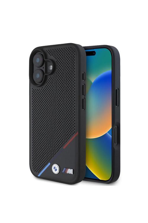 İphone 16 Kılıf Lisanslı Magsafe Şarj Özellikli M Logolu Üç Çizgili Delikli Deri Siyah