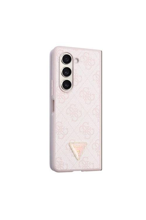 Galaxy Z Fold 5 Uyumlu Kılıf Lisanslı Pu Deri Taşlı Üçgen Logo 4G Desenli Strass Pembe