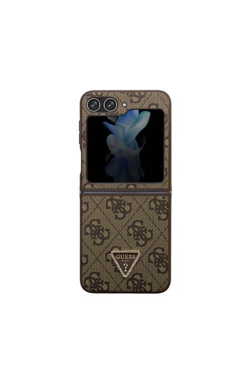 Galaxy Z Flip 5Uyumlu Kılıf Lisanslı Pu Deri Taşlı Üçgen Logo 4G Desenli Strass Kahverengi