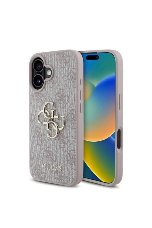 İphone 16 Plus Uyumlu Kılıf Lisanslı Pu Deri 4G Desenli Metal Büyük 4G Ve Yazı Logolu Pembe