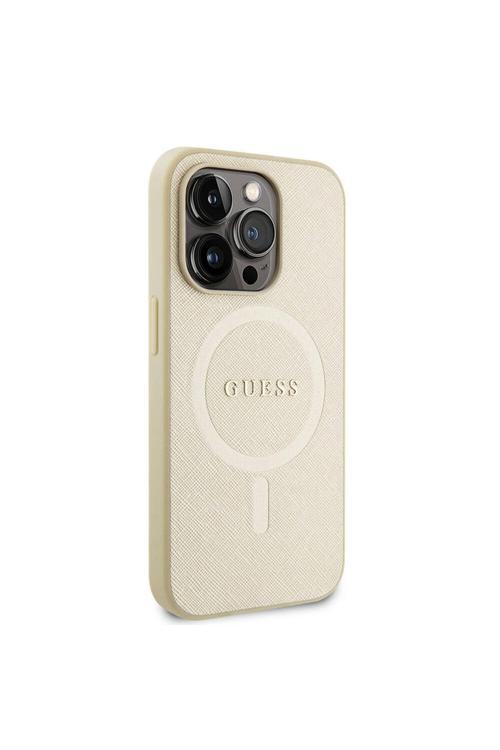 İphone 15 Pro Uyumlu Kılıf Lisanslı Magsafe Şarj Özellikli Yazı Logolu Saffiano Krem