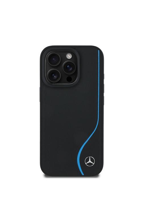 İphone 16 Pro Kılıf Lisanslı Magsafeli 3D Logolu Mavi Dikey Çizgili Deri Kapak Siyah