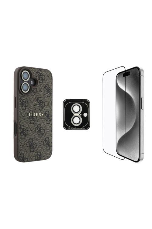 İphone 16 Plus Lisanslı 3'Lü Aksesuar Seti Kılıf-Ekran Koruyucu-Lens Koruyucu Kahverengi