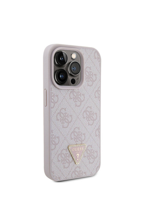 İphone 15 Pro Uyumlu Kılıf Lisanslı Pu Deri Taşlı Üçgen Logo 4G Desenli Strass Pembe