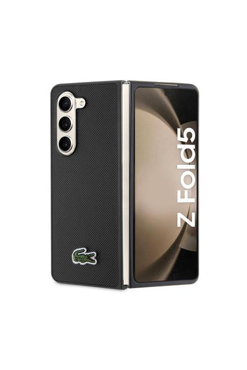 Galaxy Z Fold 5 Uyumlu Kılıf Lisanslı Pu Pike Desenli Yüzey İkonik Timsah Logolu Siyah
