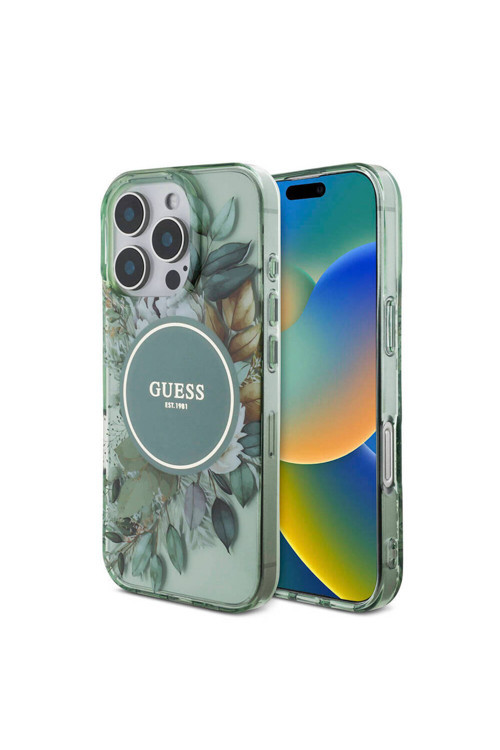İphone 16 Pro Max Kılıf Lisans Magsafe Özellik Iml Baskılı Çiçek İnci Bileklikli Yeşil