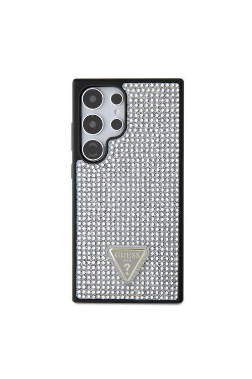 Galaxy S24 Ultra Uyumlu Kılıf Lisanslı Taşlı Arka Yüzey Üçgen Logolu Kapak Gümüş